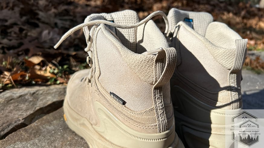 Close-up of the plush ankle collar padding on the Hoka Kaha 3 hiking boot.