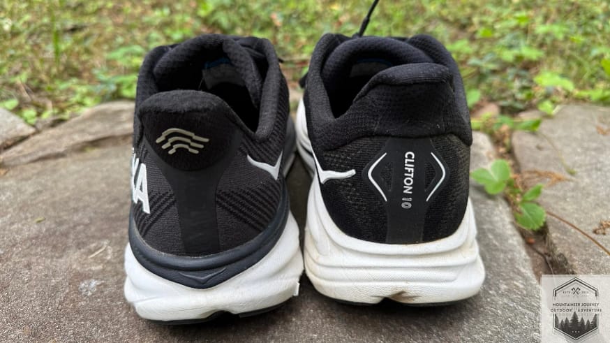 Hoka Clifton 10 vs Clifton 9 rear view comparison showing heel counter design and mesh design