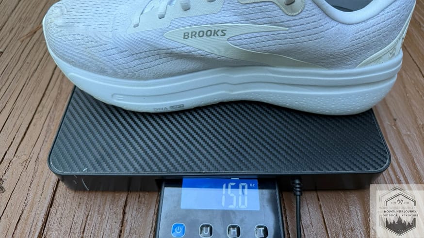 Brooks Ghost Max 2 on our scale weighing 15 ounces