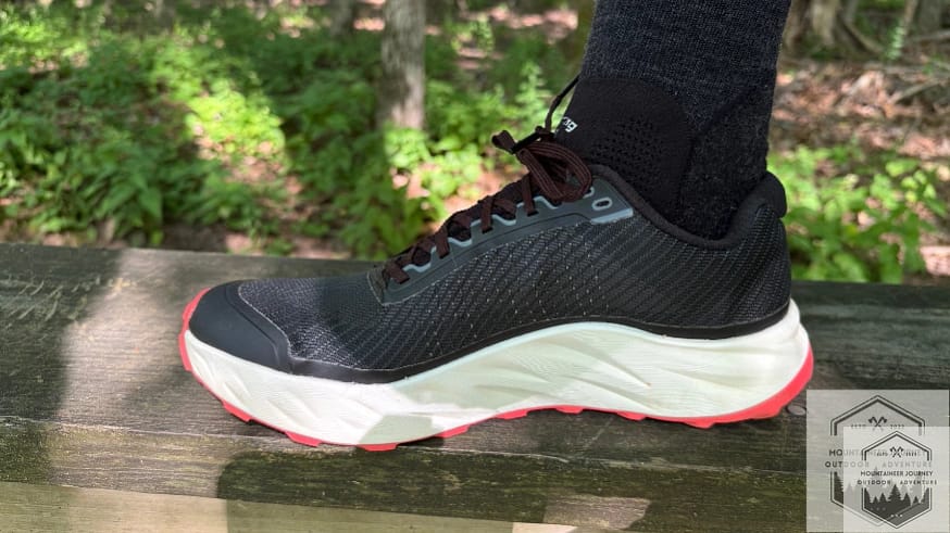 medial view of the shoe on a bench