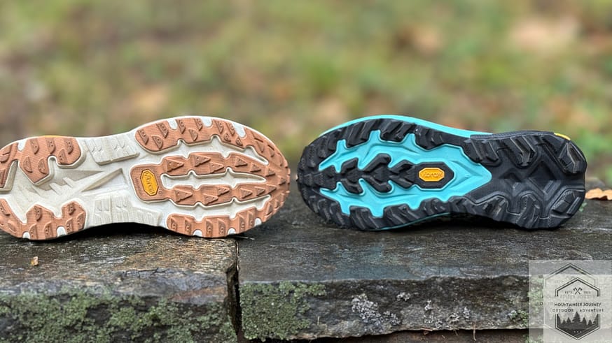 Outsole comparision, Mafate X(left) has 3.5 mm lugs while the 5 (right) has 5mm more chveron shaped lugs