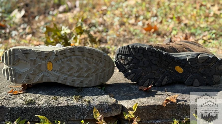 The Hoka Kaha 3 (Vibram Megagrip outsole) next to the Moab 3 (Vibram TC5+ Outsole)