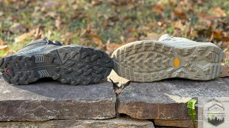 View of the Salomon X-Ultra 5 on the left with the Contagrip outsole view of lugs. View of the Hoka Kaha 3 on the right with Vibram Megagrip lugs and micro spikes.