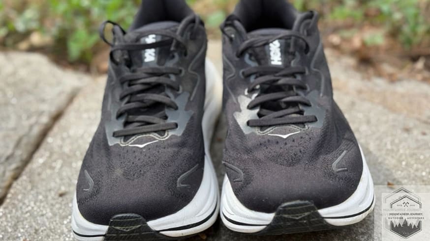 Hoka Clifton 10 toe box close-up showing updated engineered mesh upper and forefoot width