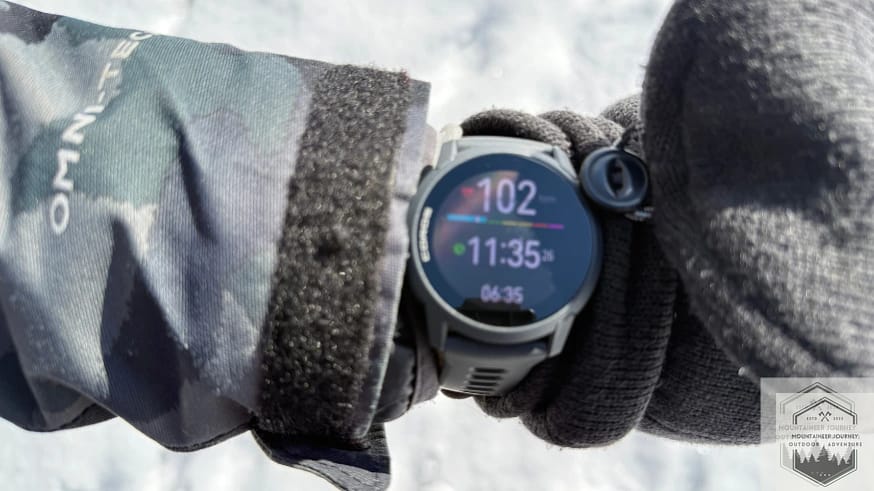 Coros Pace 4 watch face during testing featuring heart rate, time, and distance