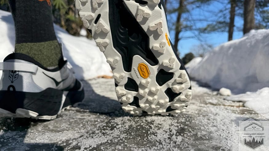 View of outsole during testing on trail