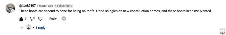 A comment our youtube expressing gratitude for one of the boots we suggested