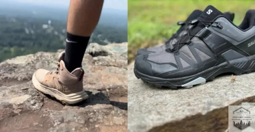 Hiking boot on left next to hiking shoe right