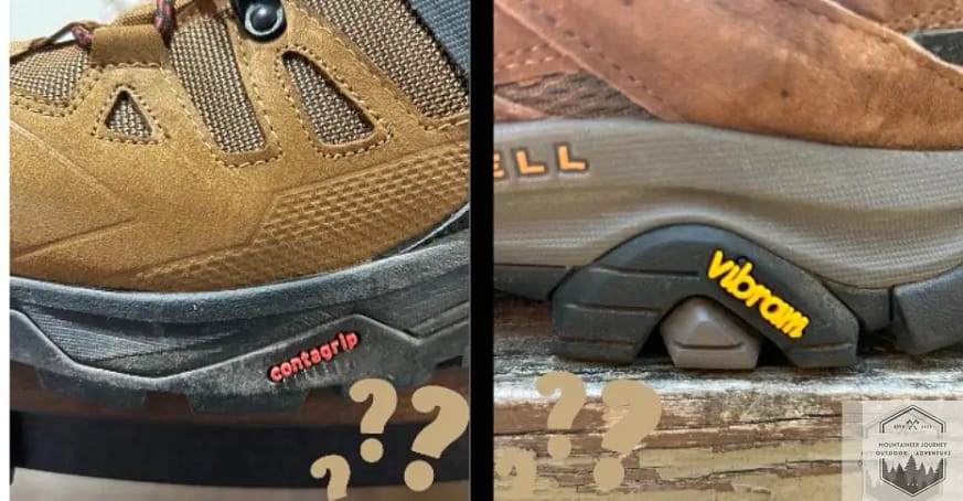 side by side comparison of the contagrip outsole on the Salomon Quest 4 and the Vibram Outsole of the Merrell Moab 3