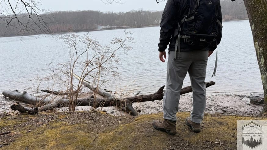 Taking in a moment after the hike to look over the lake and enjoy the present moment