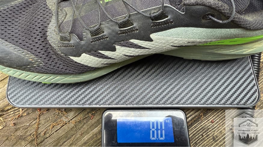 salomon sense ride 5 weighing in at 8 ounces per shoe on our scale