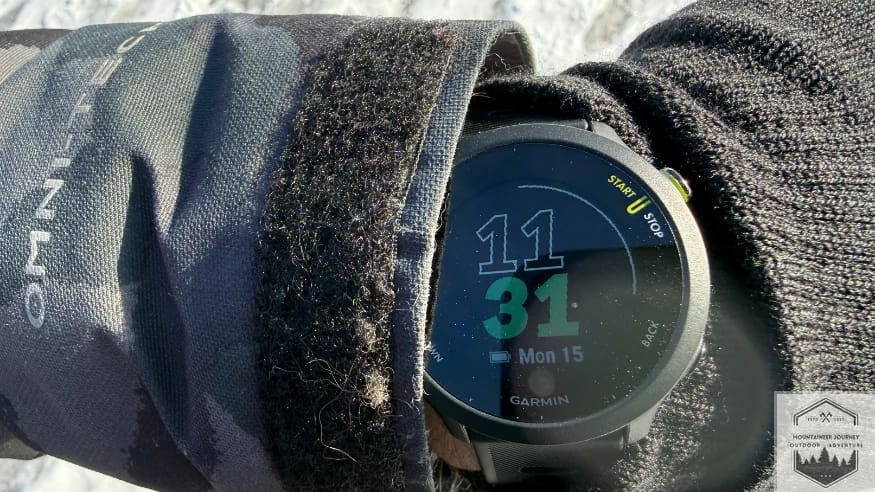 Forerunner 55 watch face during testing on a hike