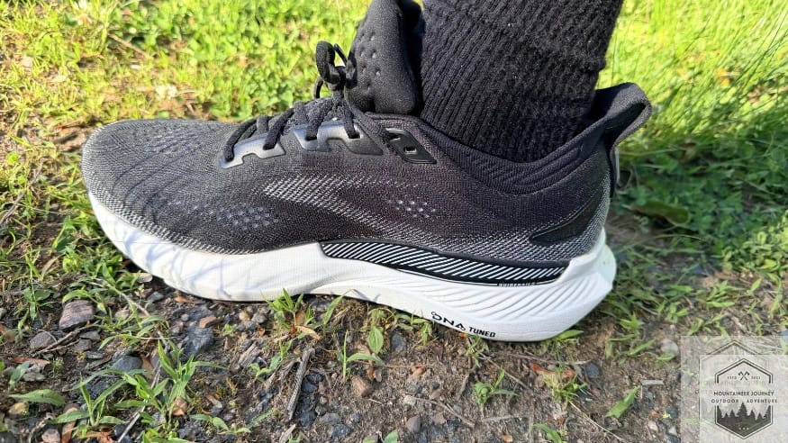 Medial side of shoe, noting the guide rails for stability