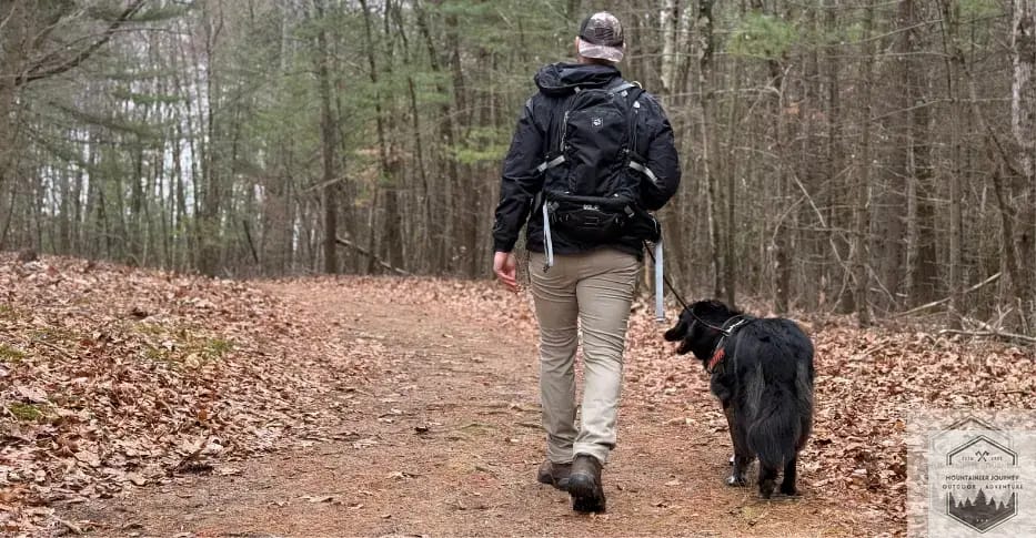 hiking in the woods with a dog on right